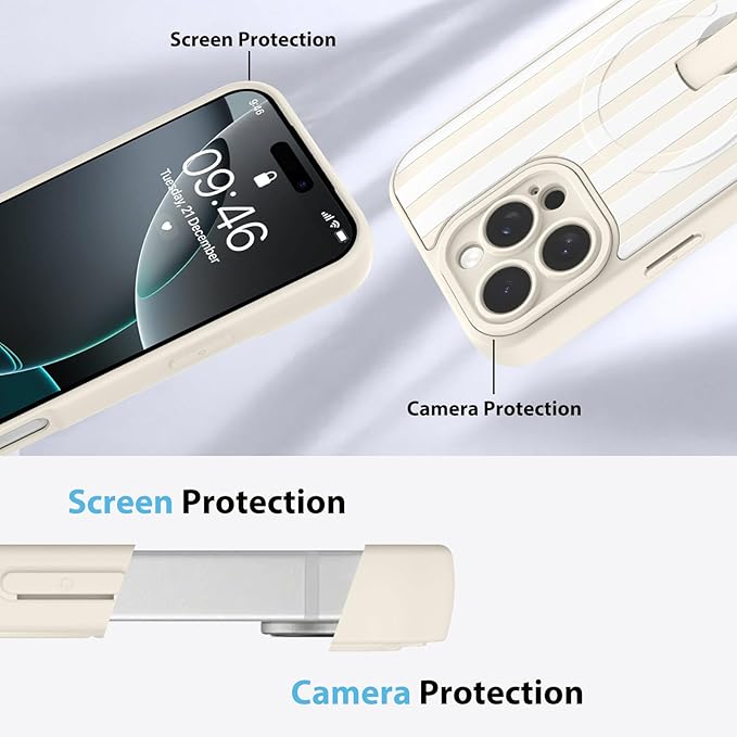 KANGHAR Compatible with iPhone 16 Pro Case, Support for MagSafe, Silicone Stripes Cute Pattern, Wristband Kickstand Camera Protection Soft Slim Cover for Girls Women -White