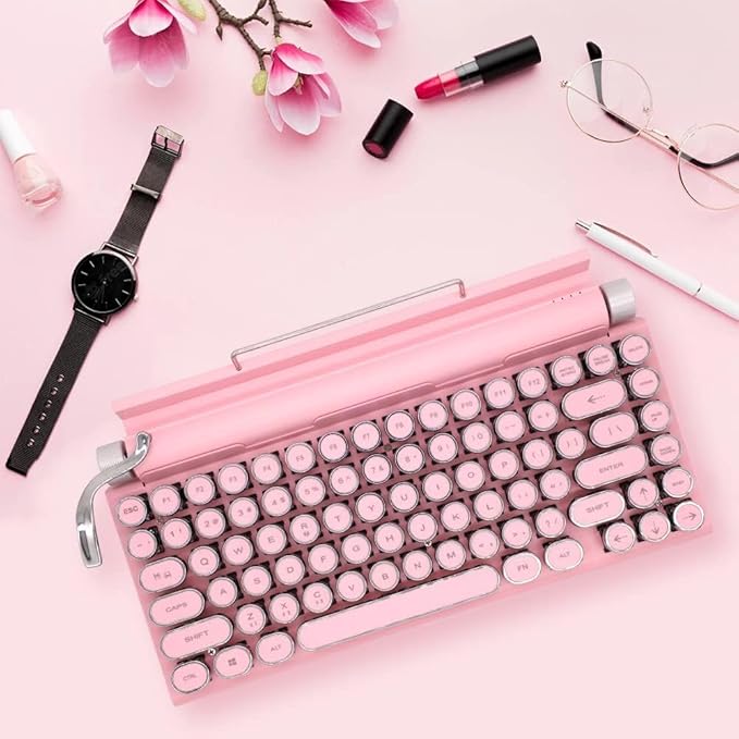 Adventurers Typewriter-Style Retro Mechanical Keyboard LED Backlight 83 Keys Bluetooth 5.0 Blue Axis,Compatible with iOS/Android/Windows/Vista/Linux/Mac Office/Gaming, 12.3x6.6x1.6in (Pink)