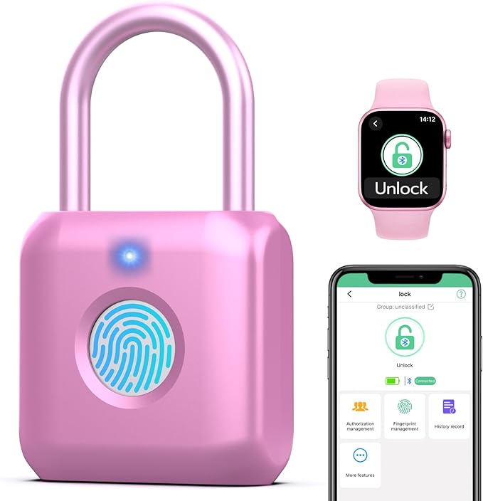 Fingerprint Padlock,Smart Padlock APP Control,Fingerprint Locker Lock,Gym Lock USB Rechargeable for Gym Locker,Locker, School,Storage Pink
