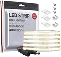 BTF-LIGHTING FCOB COB LED Strip IP65 480LED/m Flexible High Density Uniform Light 9W/m 16.4FT DC24V Natural White 4000K CRI 90+ 8mm Width for Home Indoor Decor(No Adapter or Controller)