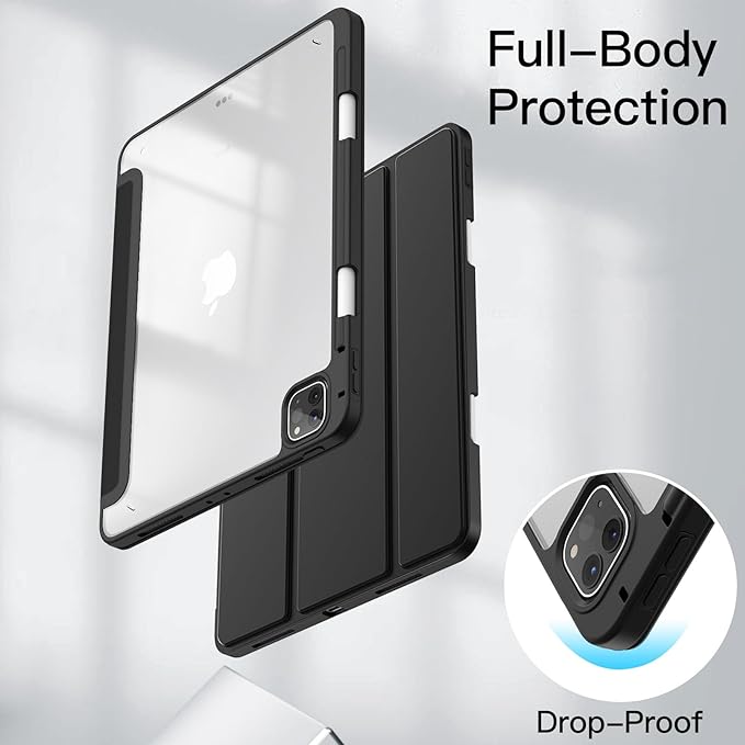 JETech Case ONLY for iPad Pro 11 Inch (2022/2021/2020/2018) with Pencil Holder, Clear Transparent Back Shell Slim Stand Shockproof Tablet Cover, Auto Wake/Sleep (Black)