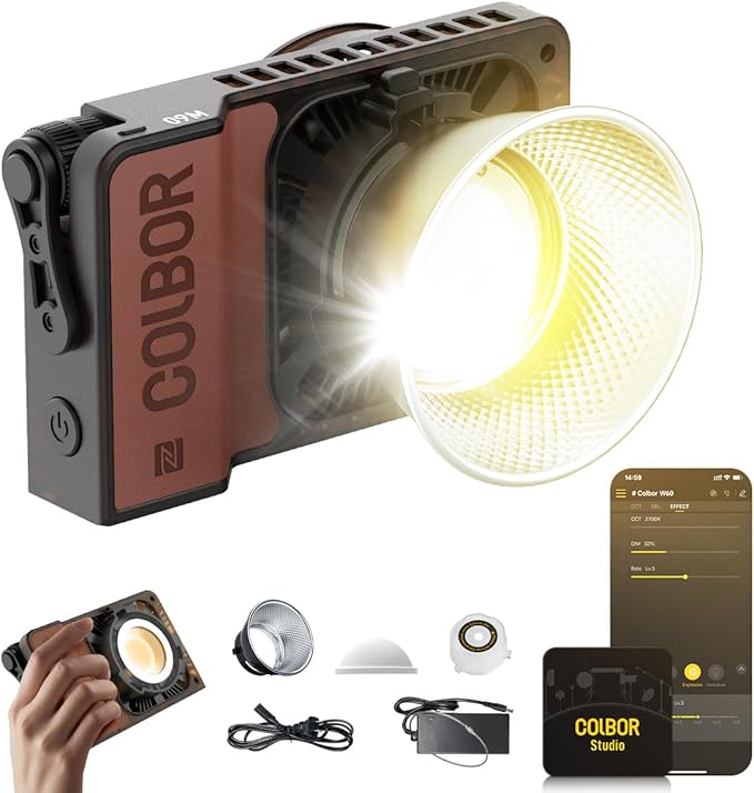 COLBOR W60 Video Light, 60W 2700K-6500K Bi-Color Pocket Continuous Output Lighting with LED Screen 3 Powering Options APP Control for Filmmaking Live Streaming