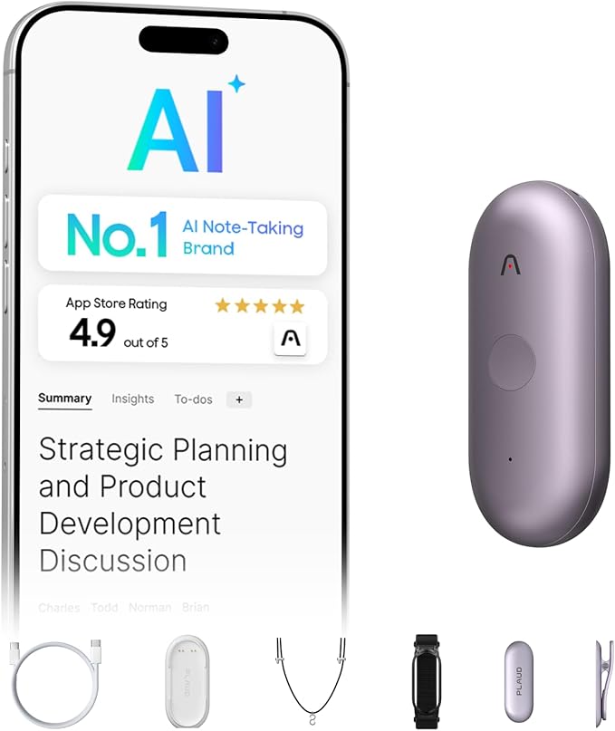 Plaud NotePin S AI Voice Recorder, Wearable AI Notetaker, AI Transcribe & Summarize, Support 112 Languages, 64GB Audio Recorder for Meetings Interviews, Professionals, Teams, with 4 Accessories