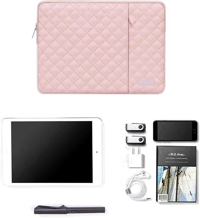 MOSISO 9-11 inch Tablet Sleeve Case for iPad A16 2025, iPad Air 11 inch M3 M2, iPad Pro 11 M4, iPad 10/9/8/7th, Galaxy Tab A9+/S9/S8/Plus 11, Square Quilted Vertical Bag with Small Case, Chalk Pink