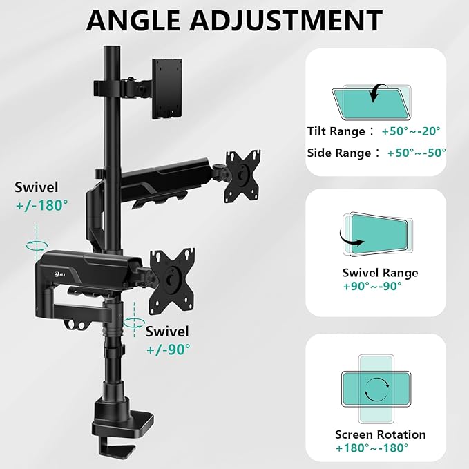 WALI Triple Monitor Mount - Extra Tall 3 Monitor Desk Mount for 13-49 Inch Ultrawide Screens, Up to 44 lbs, Fully Adjustable Heavy Duty Monitor Arm, VESA 75/100 mm (GSDM003-P), Black