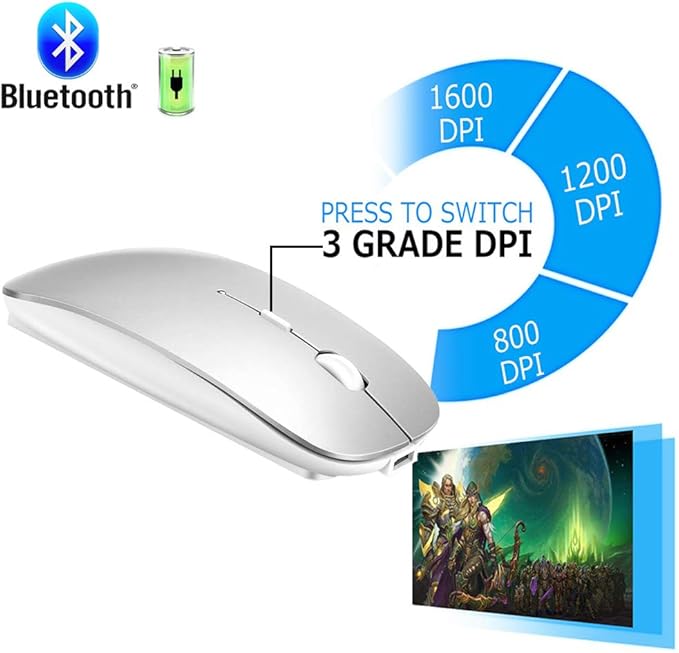 KLO Rechargeable Bluetooth 5.2/3.0/Type-C/USB-2.4G Mouse for MacBook/MacBook air/Pro/iPad, Wireless Mouse for Laptop/Notebook/pc/iPad/Chromebook (Silver)