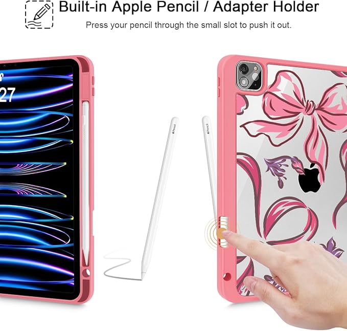 Mektron Case for iPad Pro 11 inch (4th, 3rd, 2nd & 1st Gen) 2022 2021 2020 2018, Buit in Pencil Holder with Shockproof Cover Clear Shell + Auto Wake/Sleep, Flowers-Bows-Red