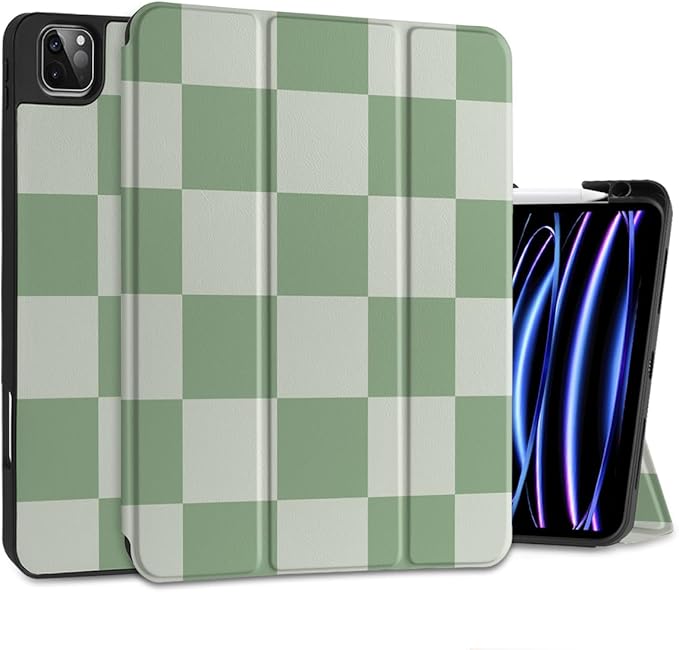 MEEgoodo for iPad Pro 12.9 Case M2 6th/5th/4th/3rd Generation 2022 2021 2020 2018 with Pencil Holder, Tablet Cover with Soft TPU Back Shell, Green Checkered