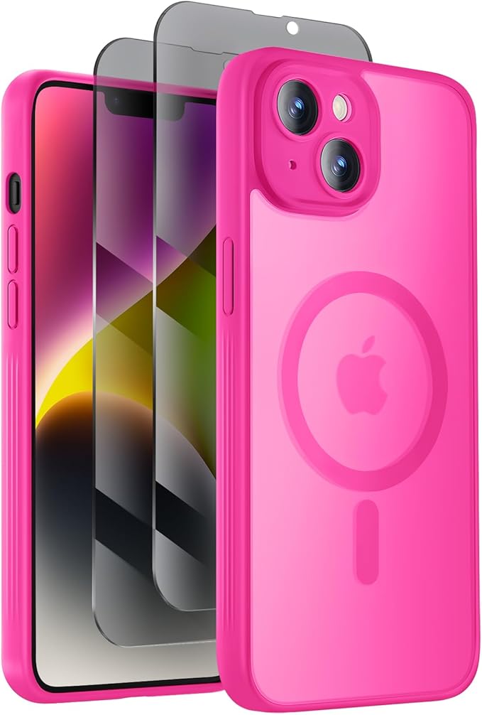 Symcele Designed for iPhone 14 Case, Compatible with MagSafe, with Privacy Screen Protectors X2, [Camera Protection] [15FT Military Drop Protection] Shockproof Phone Case, 6.1", Hot Pink