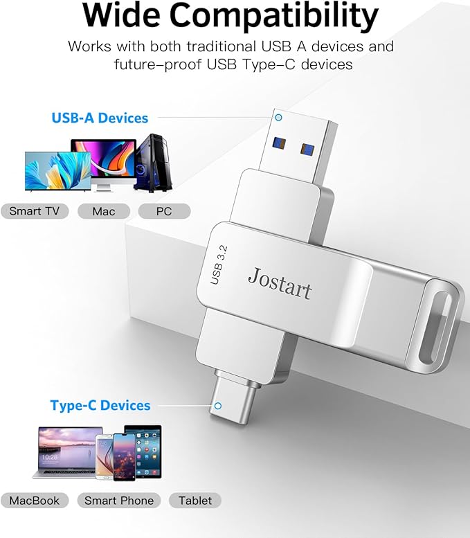JOSTART USB C Flash Drive128GB, High Speed USB 3.2 Memory Stick, 500MB/s USB C Thumb Drive Photo Stick for iPhone 15 Series/PS4/USB C iPad/OTG Android/Windows/Mac OS/iOS/Linux