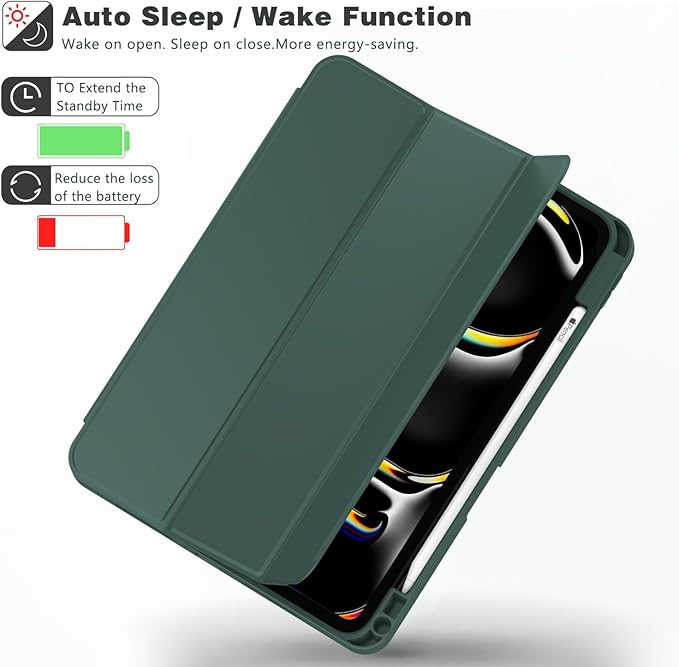 ZryXal iPad Pro 11 Inch Case (M5) 2025/ (M4) 2024 (Model: A2836/A2837/A3006), Trifold Stand Smart Cover with Pencil Holder and Soft TPU Back, Auto Wake/Sleep (Update Midnight Green)