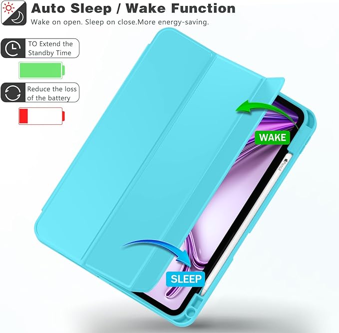 ZryXal New iPad Air 13 Inch Case M3 2025/M2 2024 with Pencil Holder, Trifold Stand Smart Case with Soft TPU Back,Auto Wake/Sleep(Cyan)