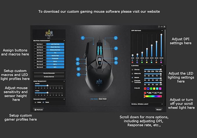 MOJO Pro Performance Silent Gaming Mouse - Wired Mouse with 9 Programmable Buttons Including Sniper Key, 12000 DPI, 1000 Hz, Force Adjustable, Custom Profiles