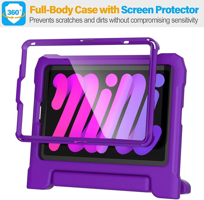 SUPLIK Kids Case for iPad mini 7 (A17 Pro) 2024 & Mini 6 2021, iPad mini 6th/7th Generation Case with Screen Protector, Durable Shockproof Handle Stand Cover for 8.3-inch iPad mini 6/7 Gen, Purple