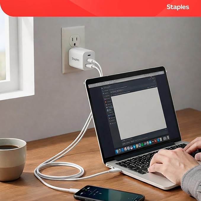 Staples TECH GaN Wall Charger, 65W – USB‑A & USB‑C Fast Charging, Includes Charging Cable, Compact Power Adapter for iPhone, Samsung, iPad & USB‑C Devices