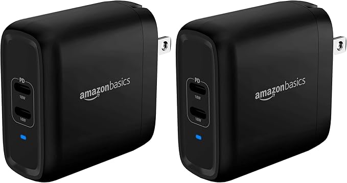 Amazon Basics 36W Dual Port USB-C Wall Charger with Power Delivery, Foldable Plug, for Tablets & Phones (iPhone 15/14/13/12/11/X, iPad, Samsung, and More), Non-PPS, 2.34 x 2.21 x 1.09 inches, Black