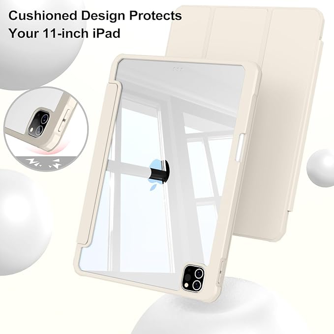 JKSML Case for iPad Pro 11 Inch 4th/3rd/2nd Generation 2022/2021/2020, Transparent Protective Cover with Right Side Pencil Holder, Supports Pencil 2 Charging, Cream White