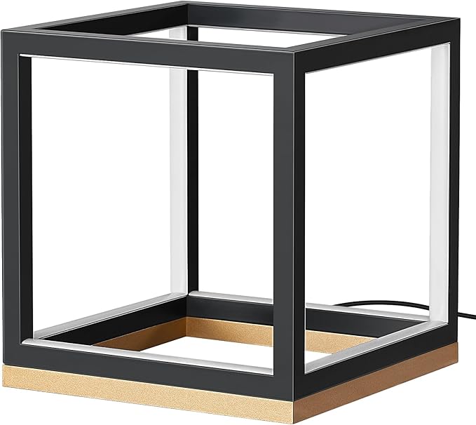 EDISHINE Modern LED Table Lamp, Minimalist Bedside Lamp with Solid Wood Base, 3 Way Dimmable, 3000K/4500K/6000K, 470LM, Black Gold Square Geometric Nightstand Lamp for Living Room, Bedroom, Office