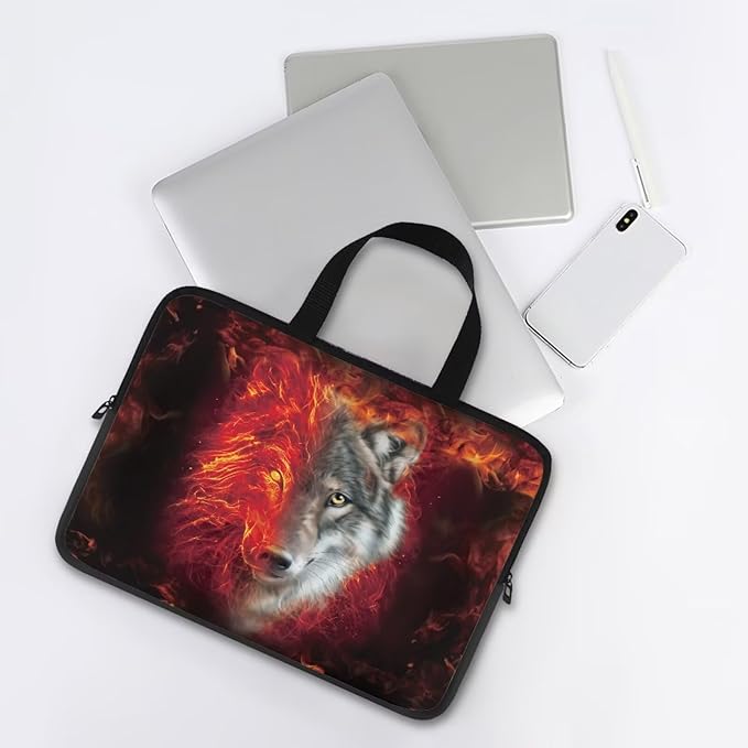 Flaming Wolf Laptop Case 15 Inch Sleeve, Protective Computer Covers with Accessory Pocket, Wildlife Animal Compatible Sleeve Bag for Most 10-17 Inch Notebooks, Black & Red