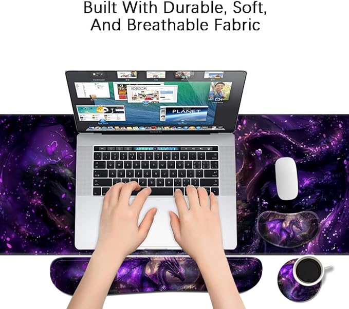 MIBITRI Keyboard Mouse Pad Set, Extended Gaming Mouse Pad+Ergonomics Keyboard Wrist Rest Support, Memory Foam, Easy Typing Pain Relief, 4Pcs XXL Ultra Thick Desk Mat, Dragon