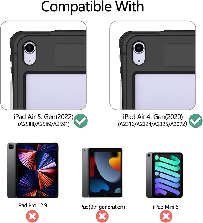 Waterproof Case Compatible with iPad Air 11inch (M2)/5th/4th Gen 10.9inch, Full Body Protective Case with Screen Protector, Pencil Holder, Kickstand, Strap, Shockproof, Dustproof Cover Black