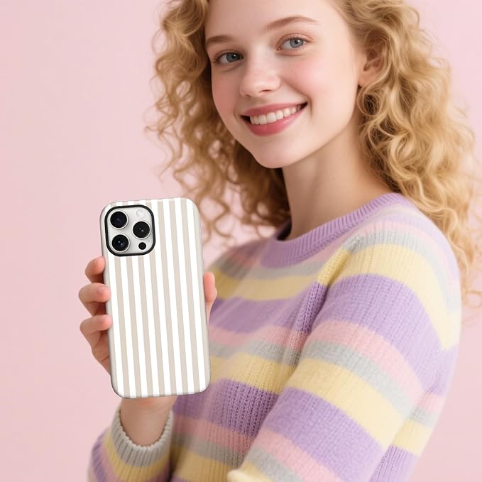 Magnetic for iPhone 14 Pro Max Case Cute Stripes Phone Case, Shockproof Slim TPU and Hard PC Protective Phone Cover Compatible with MagSafe Designed for Women Girls, Apricot