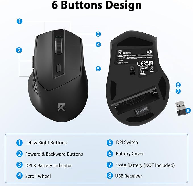 Redragon Wireless Mouse, 2.4GHz Ergonomic Optical Mouse with USB Receiver, 18 Months Battery Life, 5-Level 4000 DPI, 6 Button Computer Mouse for Laptop, Windows, Mac, PC, Chromebook