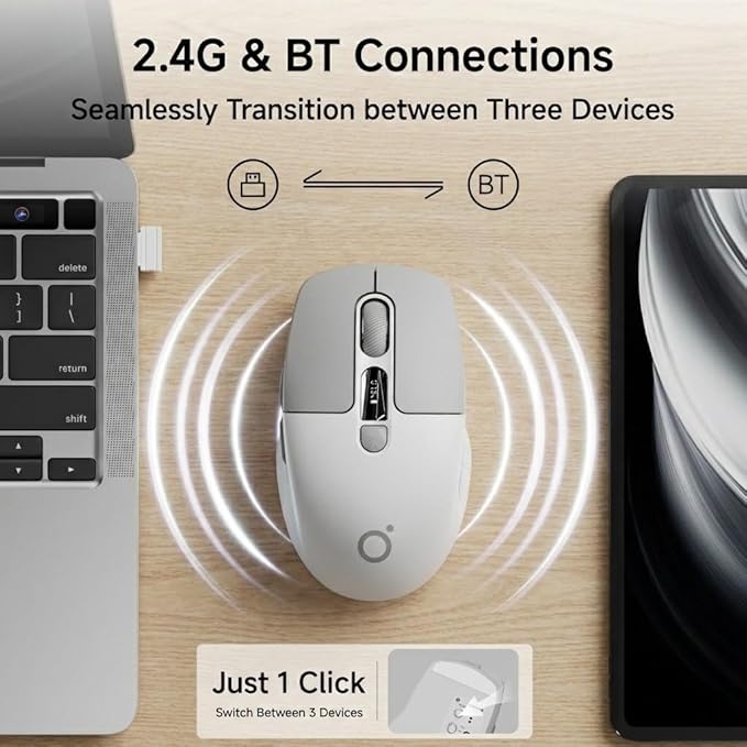 EWEADN Q1 Wireless Bluetooth Mouse, BT & 2.4G Computer Mouse with Battery & DPI LED Screen Display, Type-C Rechargeable with 1600 DPI Levels, 6 Button Silent Ergonomic Mouse for Laptop/PC/Mac-Grey