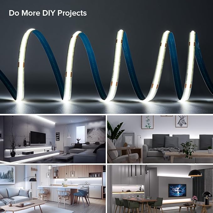COB LED Strip Light 16.4FT 6000K Cool White DC12V Flexible High Density Uniform Bright COB Strips 480LEDs/m CRI90+ Dimmable LED Lights for DIY Kitchen Bedroom Home Decor, No Power/Controller