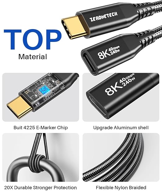 ZeroneTeck 40Gbps USB 4 Extension Cable 1.65FT, Supports [8K Video, PD 240W Charging, 40Gbps Data] Doubles The Speed of USB C 3.2 Gen 2 Male to Female Extender for SSD, iPhone 17/16/15, PSVR2, iPad