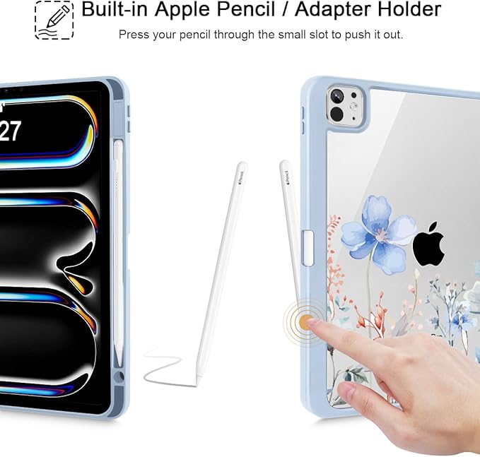 May Chen for iPad Pro 13 Inch Case M5 2025 / M4 2024, Built Pencil Holder & Clear Transparent Print Back Shell Slim Stand Shockproof Tablet Cover, Auto Wake/Sleep, Blue Flowers