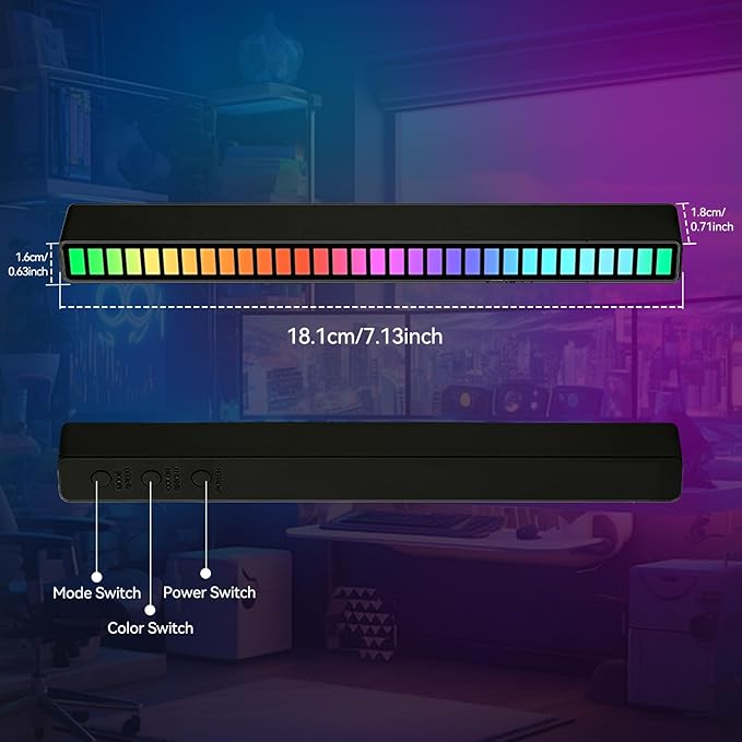 Smart RGB Rhythm Light Bar with 32 LEDs, Music Atmosphere Rhythm Light with 18 Colors & 8 Dynamic Modes, USB Powered RGB Sound Control Light for Bedroom, Party, Gaming, and Car Decor