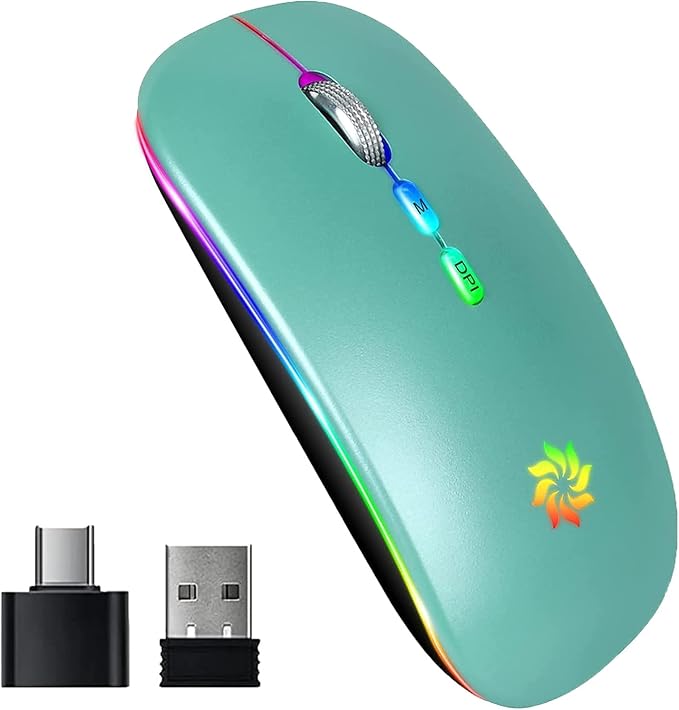KBCASE Wireless Mouse, LED Wireless Mouse for Laptop, Slim Silent Mouse 2.4G Rechargeable Wireless Computer Mouse for Laptop, MacBook, iPad, Chromebook, with USB & Type-c Receiver