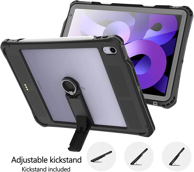 Waterproof Case Compatible with iPad Air 11inch (M2)/5th/4th Gen 10.9inch, Full Body Protective Case with Screen Protector, Pencil Holder, Kickstand, Strap, Shockproof, Dustproof Cover Black