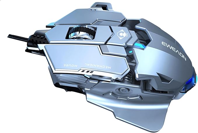 Professional Gaming Mouse, 12800 DPI Optical Sensor, RGB Lighting, Aluminum Chassis, Silver Gray, with Macro Programming and Retractable Wing