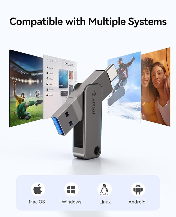 ORICO 64GB Dual USB-C USB-A Flash Drive 150MB/s High Speed USB 3.0 Memory Stick, Zinc Alloy Rotating Design, Compatible with iPhone 15/16/17, Android, Mac, PC, Car Audio – Plug & Play