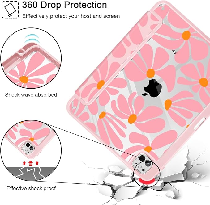 May Chen Case for iPad Pro 11-Inch M5/M4 2025/2024 (6th/5th Generation), Clear Transparent Print Back Shell Slim Stand Shockproof Tablet Cover, Auto Wake/Sleep, Groovy Flower