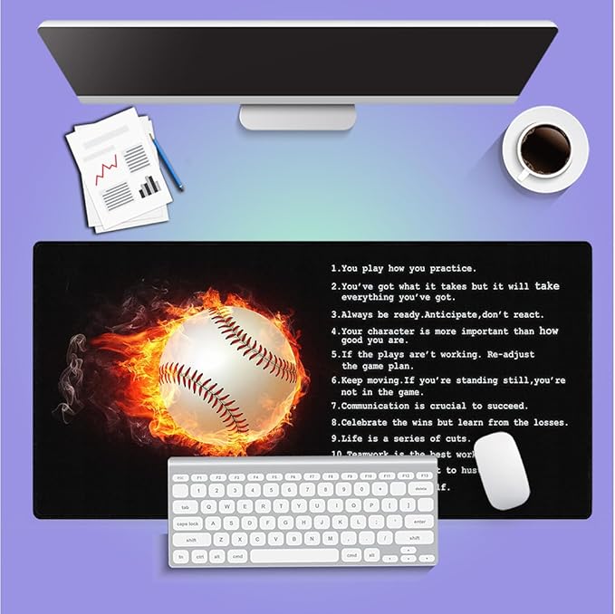 Large Gaming Mouse Pad (31.5" x 15.8")- Fantasy Baseball with Flame Inspirational Quote Wisdom for Success in Life & Sport, Extra XXL Office Accessories, Premium Stitched Anti-Slip Desk Mat