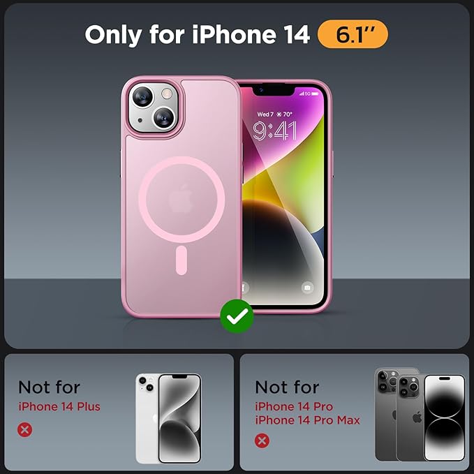 Miracase for iPhone 14 Case [MagSafe Compatible] [2× 9H Tempered Glass] 12FT Military-Grade Drop Protection, Slim Translucent Matte, Anti-Fingerprint, Shockproof with Metal Buttons, Mes-Pink
