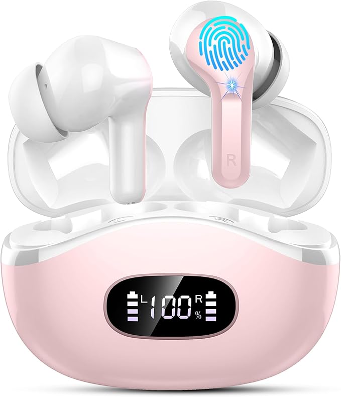 Wireless Earbuds, 48Hrs 2026 Bluetooth Headphones, Hi-Fi Stereo Deep Bass Ear Buds, ENC Noise Cancelling Mic, Clear Calls, IP-X7 Waterproof, USB Sport Earphones in Ear for Phones Laptop Pad, Pink
