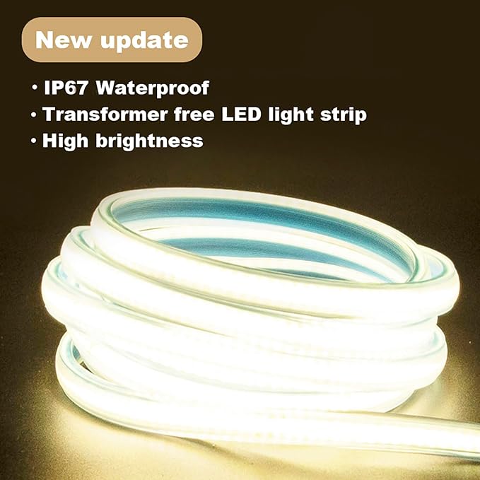 LED Strip Lights Waterproof, 10m 110v Flexible LED Light Strips Bright 3000K COB Under Cabinet Lighting 10 Meter Plug-in LED Strip for Kitchen Cabinets Lighting(Warm White, 32.8ft)
