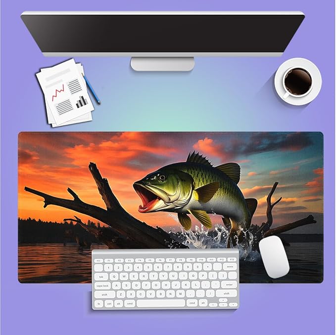 Large Gaming Mouse Pad (31.5" x 15.8") - Large Mouth Bass Fish Fishing Lake Scene At Sunset, Extra XXL Extended Office Accessories, Premium Stitched Anti-Slip Desk Mat