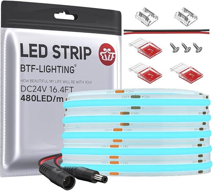 BTF-LIGHTING FCOB COB LED Strip Ice Blue Color 480LED/m 16.4FT DC24V Flexible High Density Uniform Light 8mm Width Bright Dimmable for Home Indoor Decor(No Adapter or Controller)