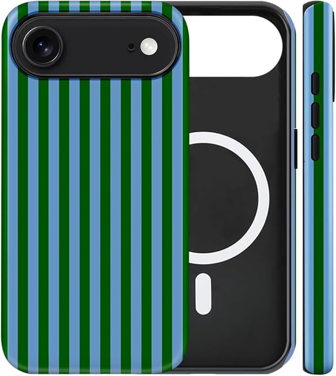 Magnetic for iPhone 17 Air Case Cute Stripes Phone Case, Shockproof Slim TPU and Hard PC Protective Phone Cover Compatible with MagSafe Designed for Women Girls, Green and Blue