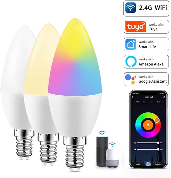 Candelabra Smart Light Bulbs 60W Equivalent, 450LM 5W LED Bulb Compatible with Alexa/Google Home, RGBCW 16 Million Color Changing Light Candle Bulb, No Hub Required, 2.4G (E12) (4)