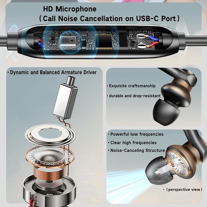 Wired Earbud In Ear Headphones With Mic Noise-canceling Call,Deep bass Hi-Fi Noise Cancellation Earbuds Wired Immersive Bass Dual-unit Earphones compatible with iPhone 15 16 17 Pro Max Air Android etc