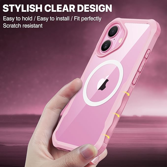 CENHUFO Magnetic Privacy for iPhone 16 Case [Compatible with Magsafe] Full Body Phone Case Built-in 9H Tempered Glass Privacy Screen Protector and Camera Lens Cover, Shockproof Bumper Clear - Pink
