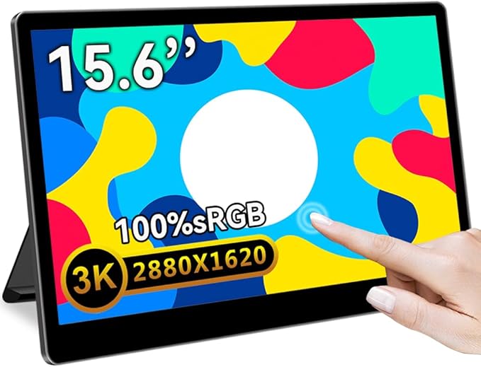 15.6 Inch 3K Touchscreen Portable Monitor, IPS 2880 * 1620,100% sRGB Mobile Monitor Eye Care Game Display Built USB-C/HDMI/Mini DP with Folding Kickstand for PC,Laptop,Game Console