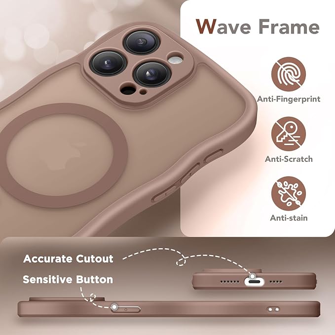 CAPRARO Cute for iPhone 14 Pro Max Case, Compatible with MagSafe, [Curly Wave Edge] [Full Camera Protection] [14 FT Drop Protection] Magnetic Phone Case for 14 Pro Max 6.7 Inch, Brown