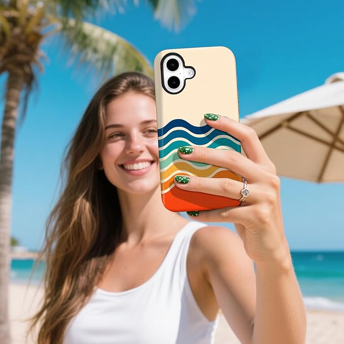 Magnetic for iPhone 16 Case Cute Stripes Phone Case, Shockproof Slim TPU and Hard PC Protective Phone Cover Compatible with MagSafe Designed for Women Girls,Retro Wave